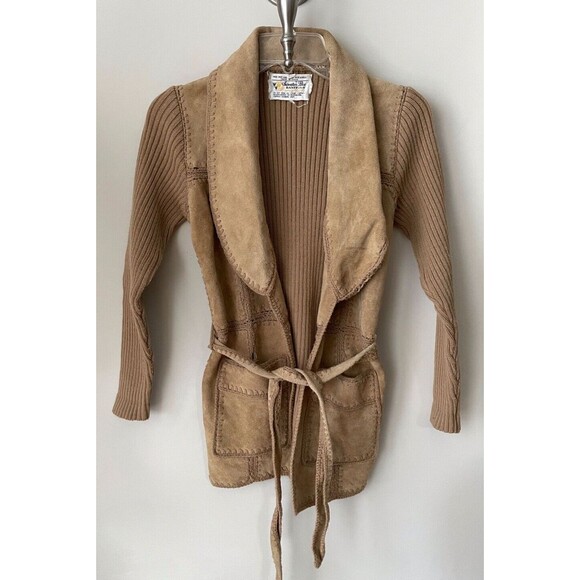 Vintage Patchwork Sweater Bee Women's Small Tan Suede Leather Belted Open Jacket - Picture 1 of 13